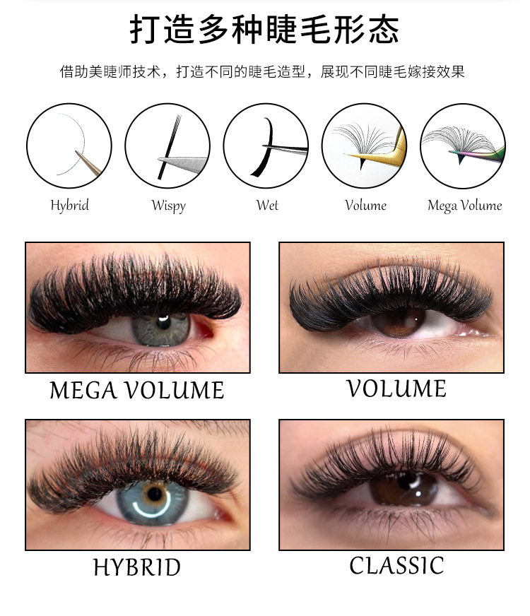 single strand classic black eyelash extensions, customizable logo, curl options available, 8–25mm manual volume lash fans, factory wholesale false eyelashes.