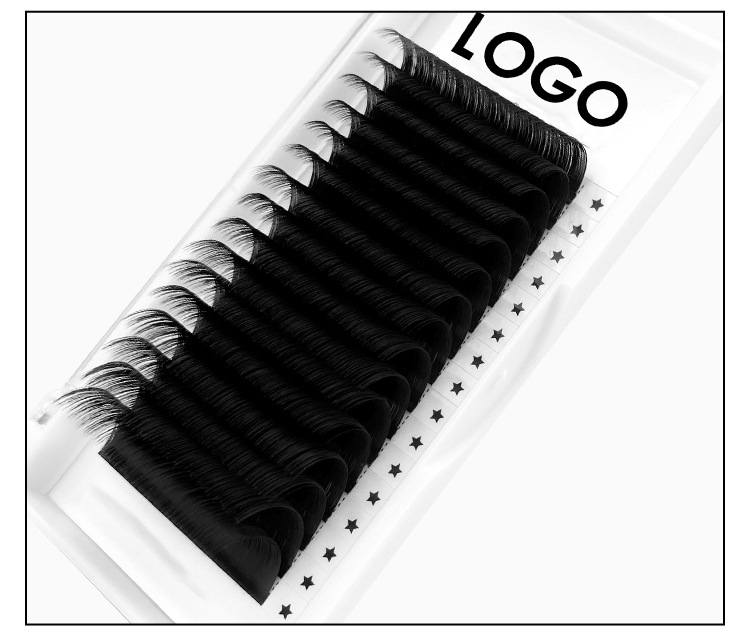 single strand classic black eyelash extensions, customizable logo, curl options available, 8–25mm manual volume lash fans, factory wholesale false eyelashes.