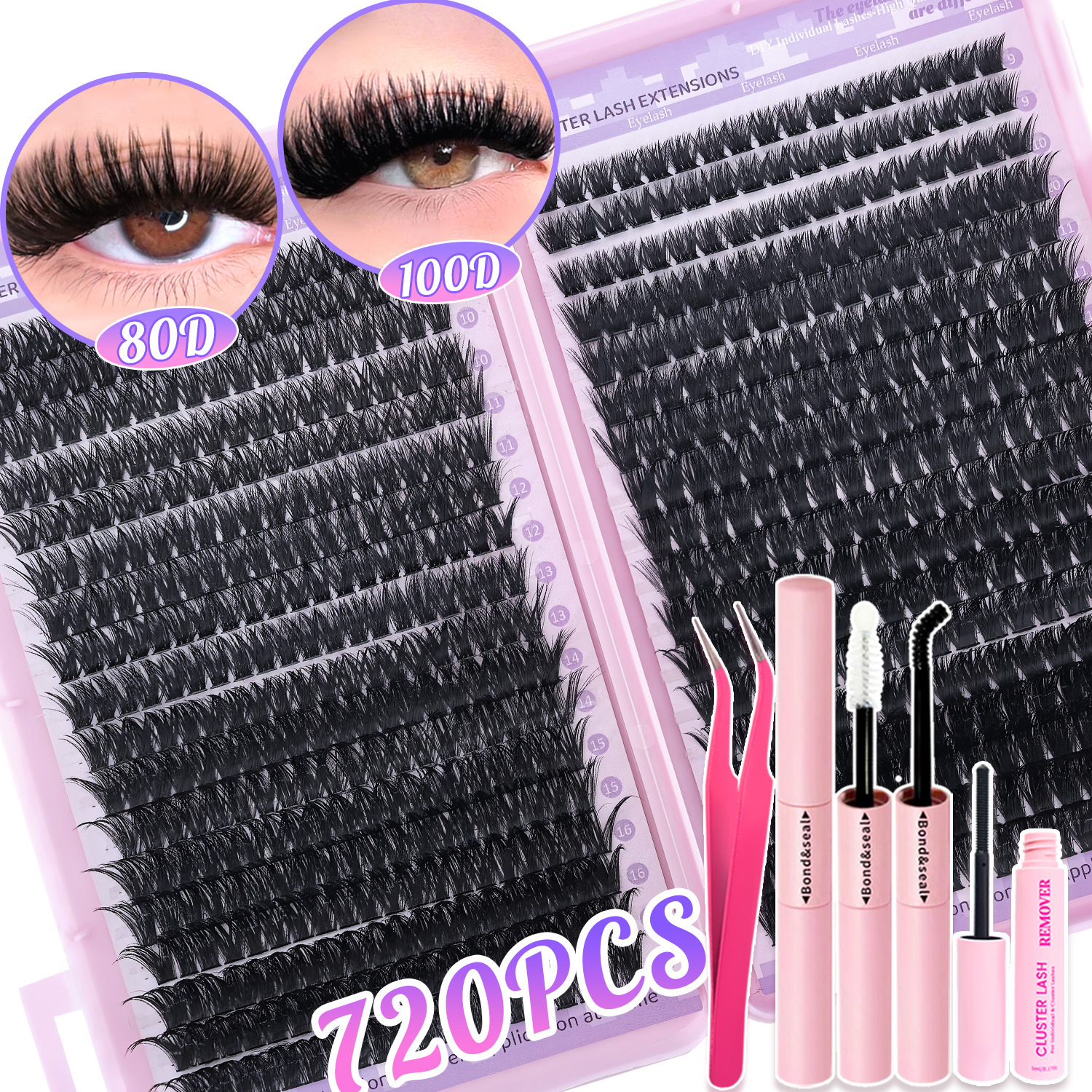 o1cn01er1i5h1ltgj2stifq 2212222444876 0 cib.jpg EU/US cross-border segmented 720-cluster false eyelash set, 80D+100D large capacity eyelash book, single cluster petal lashes, D curl