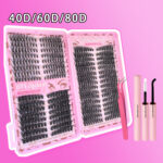 Cross-border European and American trade eyelash book set 406080D segmented fluffy thick and curly 32 rows false eyelashes - Pink book 406080D pair of bristles + glue + tweezers