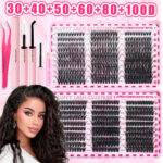 Cross-border Amazon Lash Book 30D/40D/50D/60D/80D/100D Mixed Style False Eyelash Set - Pink card eyelash book 3468100D-60 rows + double-head glue + remover + gold feather tweezers