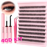 Amazon cross-border trade eyelashes false eyelashes 40D single cluster DIY segmented European American Middle East self-lamination soft bristle - [Set] 40D+2IN1 Glue + Gold Feather Tweezers