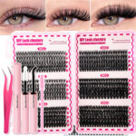 Amazon American-style thick false eyelash natural cluster set segmented dog-eye round eye women soft puppy-style lashes - Large Capacity Lash Book JM03 with Glue, Raincoat, and Tweezers