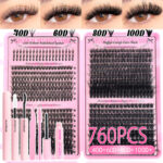 Cross-border eyelash book, European and American mixed style, large capacity lower lashes, 100D cluster lashes, segmented fluffy false eyelashes - Lash book + glue + pink tweezers + remover + lash brush