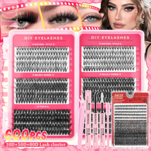 600-cluster large-capacity lash book DIY single-cluster flower lashes with glue, fox-style extra-long self-lash extension kit