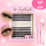 European and American cross-border DIY single-cluster false eyelashes 30/40D mixed set, natural thick and realistic classic eyelashes - 30/40 DIY pink set