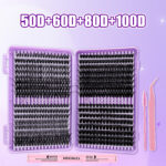 Cross-border best-selling DIY segmented false eyelash kit, Amazon hot-selling large-capacity lash book, voluminous false eyelashes - 32-row 50D/60D/80D/100D purple eyelash book + glue tools