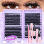 Cross-border bestseller 50D/60D/80D 640 clusters eyelash book large capacity false eyelashes D curl source factory - All purple grid - 5866 eyelash book + glue + tweezers + remover