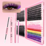 Cross-border best-selling DIY segmented false eyelash kit, Amazon hot-selling large-capacity lash book, voluminous false eyelashes - 32 Rows 30D/40D/50D Colored Fur Lashes Book + Glue Tools