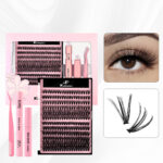 Cross-border best-selling DIY segment false eyelashes kit with dual-head glue and large capacity single-cluster false eyelashes gift box design - 30/40D pink 12 rows set