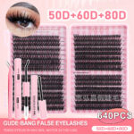 Eyelash book single cluster DIY false eyelashes 8-16mm 640 clusters 50+60+80D flower lashes handmade curled - All pink grid - eyelash book 5866 + glue + tweezers + remover